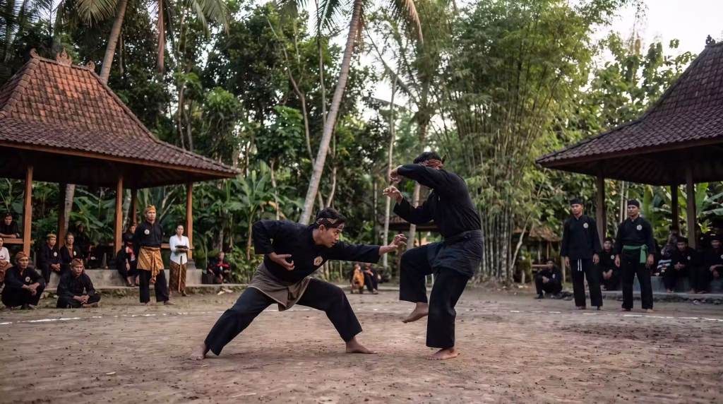 Twee pesilat vechten in monyet pencak silat stijl