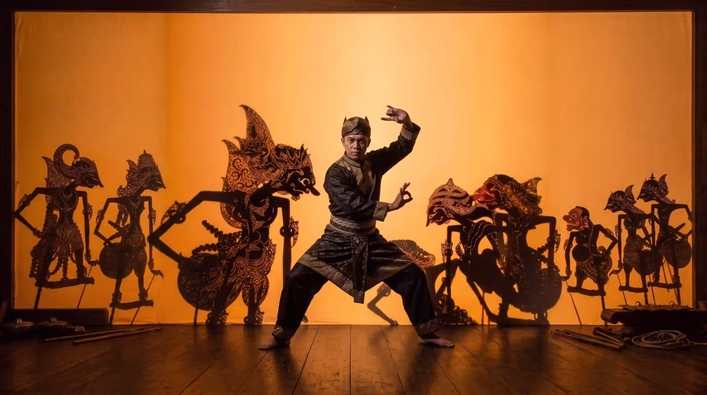 Een pesilat met een achtergrond van wayang poppen