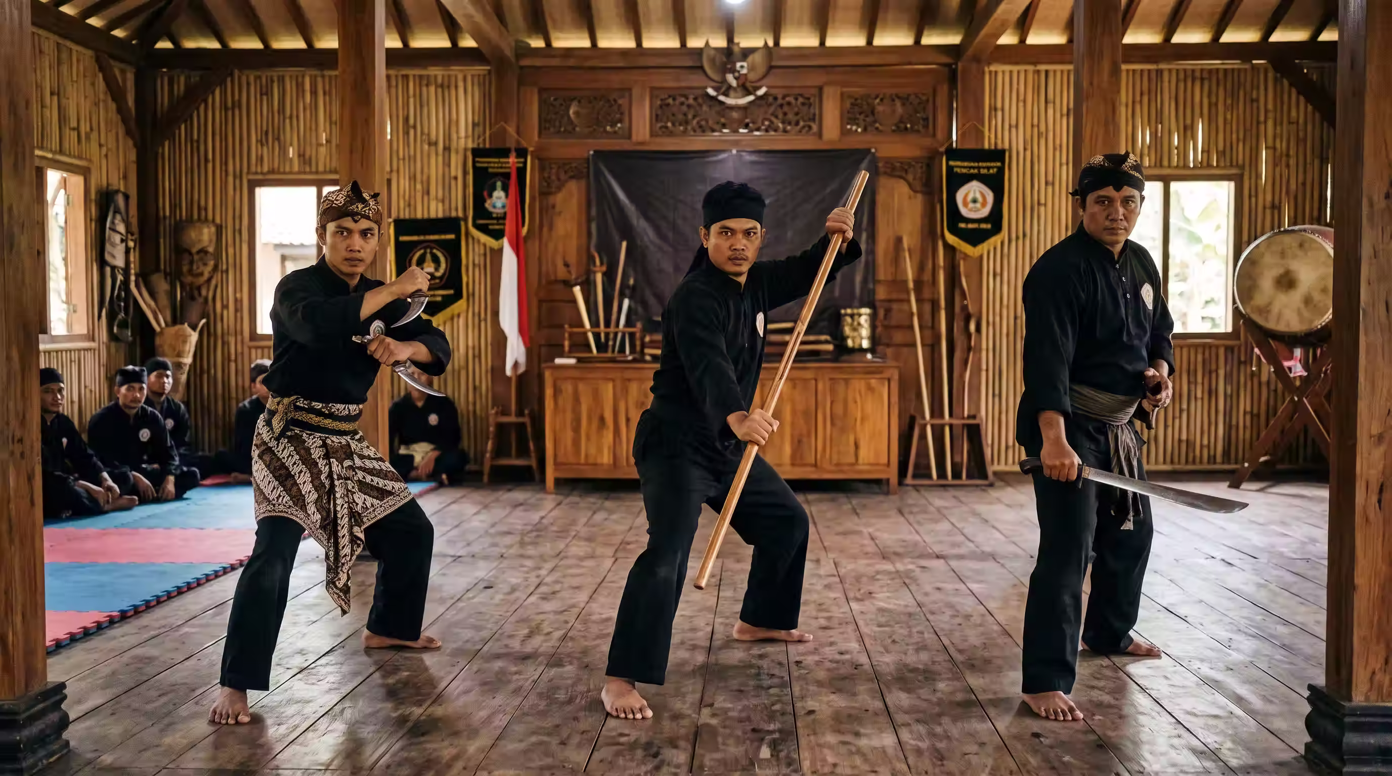 Drie pesilat met pencak silat wapens: de kerambit, de tongkat en de golok